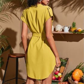 V-neck Short Sleeve Dress With Belt Summer Fashion Bowknot Dresses For Women Clothing (Option: Ginger Yellow-XL)