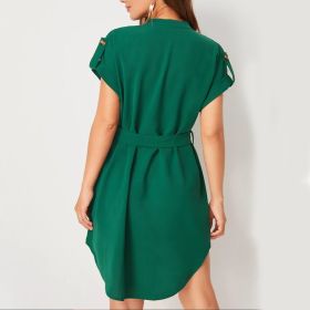 V-neck Short Sleeve Dress With Belt Summer Fashion Bowknot Dresses For Women Clothing (Option: Dark Green-XL)