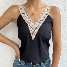 Women's V-neck Lace Patchwork Casual Vacation Daily Vest Top (Option: Black-S)