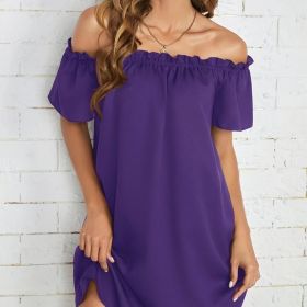 Ladies' Fashion Off Shoulder Ruffle Solid Color Decorative One Shoulder Casual Dress (Option: Purple-S)