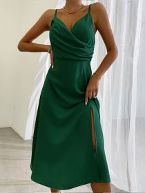 V-neck Slit Sling Dress Summer Fashion Sexy Slim Suspender Dresses For Women Clothing (Option: Dark Green-S)