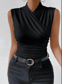 Women's Fashion Summer Solid Color Crisscross Pleated Sleeveless Tank Top (Option: Black-S)