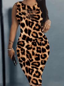 Ladies' V-neck Leopard Print Chest Hollow Fashion Dress (Option: MU-XXL)