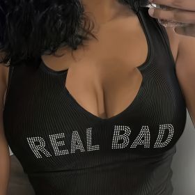 Ladies' Fashionable Rhinestone Letter Decoration Sexy Top Basic Versatile Vest (Option: Black-S)