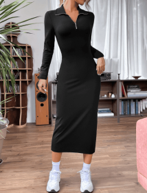 Women's Solid Color V-neck Zipper Casual Long Sleeved Dress (Option: Black-L)