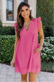 Lace Dresses With Pocket Summer Sleeveless Jacquard Cutout V-Neck Beach Dress (Option: Rose Red-3XL)