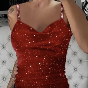 Ladies' Rhinestone Embellished Lace Up New Shoulder Strap Sequin Fashion Sexy Camisole Vest (Option: Red-S)