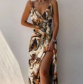 V-neck Slit Sling Dress Summer Fashion Sexy Slim Suspender Dresses For Women Clothing (Option: Brown print-S)