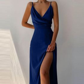 V-neck Slit Sling Dress Summer Fashion Sexy Slim Suspender Dresses For Women Clothing (Option: Navy Blue-XL)