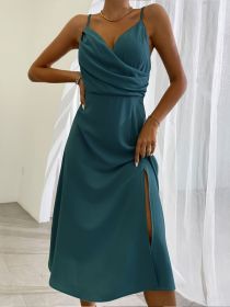 V-neck Slit Sling Dress Summer Fashion Sexy Slim Suspender Dresses For Women Clothing (Option: Light Blue-XL)