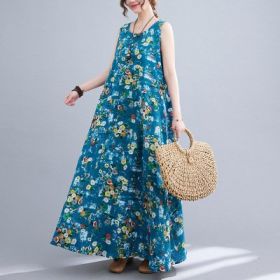 Printed Cotton Linen Round Neck Sleeveless Dress Women's (Option: Sky Blue-5XL)