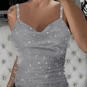 Ladies' New Rhinestone Shoulder Strap Sequined Camisole Vest, Fashionable And Sexy Top (Option: Grey-L)