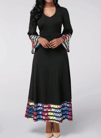 Ladies' V-neck Printed Fashionable Dress (Option: Black-M)