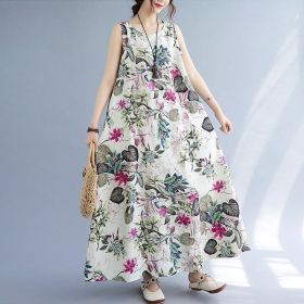 Printed Cotton Linen Round Neck Sleeveless Dress Women's (Option: Rose Red-L)