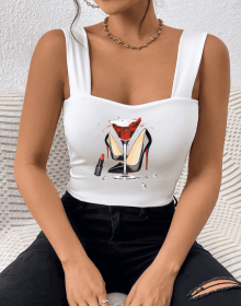 Ladies' Fashionable And Versatile Wide Shoulder Strap High Heels, Red Wine Lipstick Printed Pattern Camisole Vest (Option: White-S)