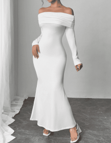 Women's Solid Color One Shoulder Backless Slim Fit Fashionable Casual Dress (Option: White-XXL)