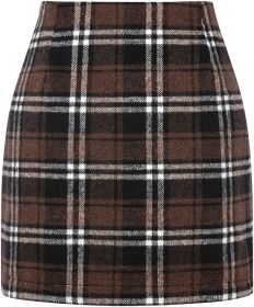 Women's High Waist Plaid Tight Pencil Wool Mini Skirt (Option: Dark Coffee Color-S)