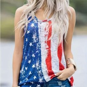 Ladies' Versatile Round Neck Casual Off Shoulder Holiday Flag Print Vacation Style Fashionable Vest (Option: MU-XXL)