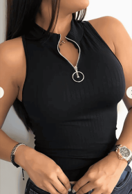 Vibrant Solid Color Zip-Up Tank Top - Sleeveless, Breathable, Comfortable, And Versatile Casual Wear For Spring And Summer - Women's Clothing For (Option: Black-3XL)