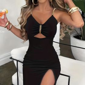 Ladies' Fashionable And Sexy Slim Fit V-neck Chain Dcor Cut High Slit Dress (Option: Black-S)