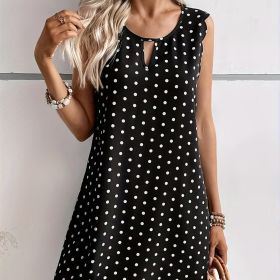 Ladies' Fashionable Casual Pullover Polka Dot Dress With Hollowed Out Collar And Round Neck Wavy Edge Skirt (Option: Black-XXL)