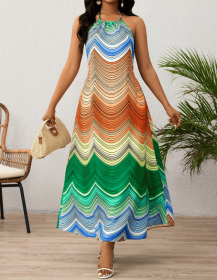 Ladies' Neck Hanging Peacock Element Printed Casual Dress (Option: MU-L)