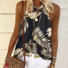 Women's V-neck Printed Off Shoulder Vacation Essential Vest Top (Option: Black-S)