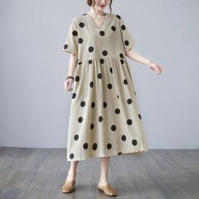 Loose-paneled Cotton And Linen V-neck Short-sleeved Dress (Option: Apricot-One size)