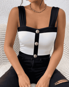 Women's Square Neck Sleeveless Color Blocked Versatile Slim Fit Vest (Option: White-S)