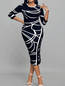 Ladies' Round Neck Printed Casual Bag Hip Dress (Option: Black-XL)