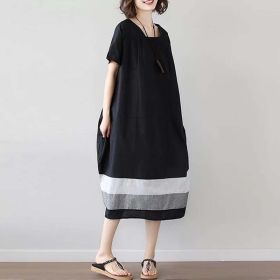 Cotton And Linen Short Sleeve Dress Large Size Women's Mid Length (Option: Black-One size)