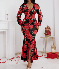 Ladies' V-neck Floral Print Fashionable Hip Hugging Dress (Option: Red-L)
