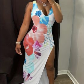 Ladies' V-neck Floral Print Thigh Slit Highlights Figure, Hip Hugging Long Skirt (Option: MU-XL)