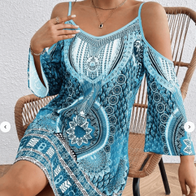 Women's Retro Style Printed Off Shoulder Dress (Option: Blue-XS)