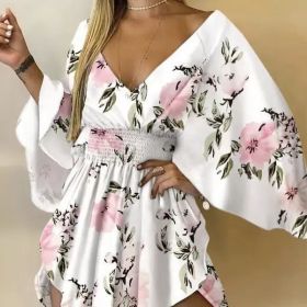 Ladies' Floral Print Waist With Ruffled Edges, Big V-neck, Sexy Asymmetrical Hem, Elegant Seaside Vacation Style Short Dress (Option: White-S)