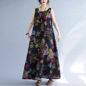 Printed Cotton Linen Round Neck Sleeveless Dress Women's (Option: Navy Blue-M)
