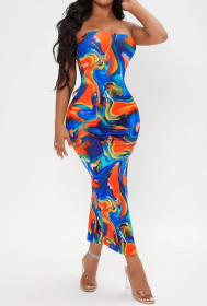 Ladies' Printed Strapless Side Slit Slim Fit Dress With Slimming Effect And Hip Hugging Design (Option: MU-S)
