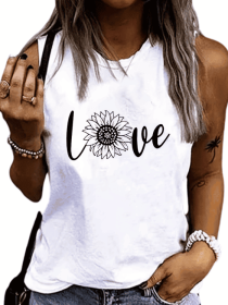 Ladies' Fashionable Sleeveless T-shirt With Personalized Letters, Flowers, Creative Patterns, Printed Casual Round Neck Vest (Option: White-S)