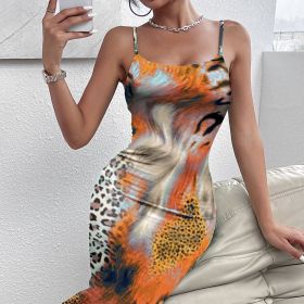 Ladies' Leopard Print Elegant Slimming Vacation Style Suspender Sexy Off Shoulder Dress (Option: Orange-XXL)