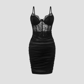 Advanced Satin Lace Fishbone Stitching See-through Hip Spaghetti Straps Dress (Option: Black-S)