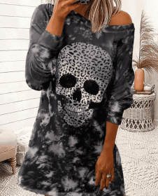 Ladies' One Shoulder Skull Printed Fashion Dress (Option: Gray-S)