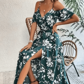 Flower Print Split Suspender Dress With Lace-up Design Summer Fashion Long Dresses Beach Clothing For Women (Option: Dark Cyan-S)