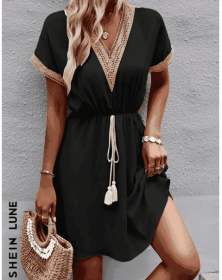 Women Stylish Summer V-Neck Fringed Belted Dress (Option: Black-S)