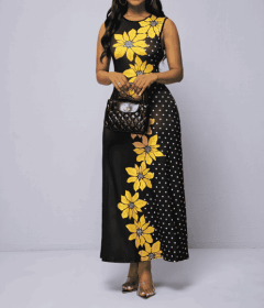 Ladies' Floral Print Off Shoulder Fashionable Dress (Option: Black-XXL)