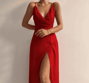 V-neck Slit Sling Dress Summer Fashion Sexy Slim Suspender Dresses For Women Clothing (Option: Red-2XL)