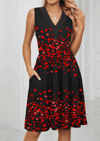 Ladies' V-neck Heart-shaped Printed Casual Off Shoulder Dress (Option: Black-S)