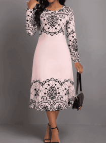 Ladies' Round Neck Printed Fashionable Dress (Option: Pink-L)