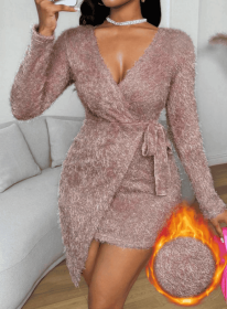 Women's Pure One-piece Strap And Velvet Wrapped Long Sleeved Dress With Buttocks (Option: Pale pinkish grey-S)