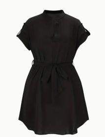 V-neck Short Sleeve Dress With Belt Summer Fashion Bowknot Dresses For Women Clothing (Option: Black-S)