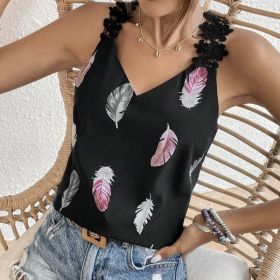 Women's Printed Feather Pattern Design V-neck Fashionable Slimming Camisole Vest (Option: Black-S)